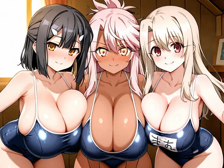 masterpiece, best quality, newest, absurdres, highres, 3girls, (Illyasviel von Einzbern), Fate/kaleid liner Prisma Illya, (miyu edelfelt), (chloe von einzbern), (regulation navy blue one-piece swimsuit), school swimsuit, pressed against each other's tits, ...