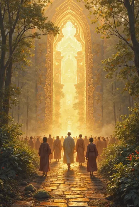 2
a painting of a group of people walking through a garden, a matte painting by Johfra Bosschart, shutterstock, fantasy art, on path to enlightenment, on the path to enlightenment, many beings walking about, temple background, light kingdom backdrop, buddh...