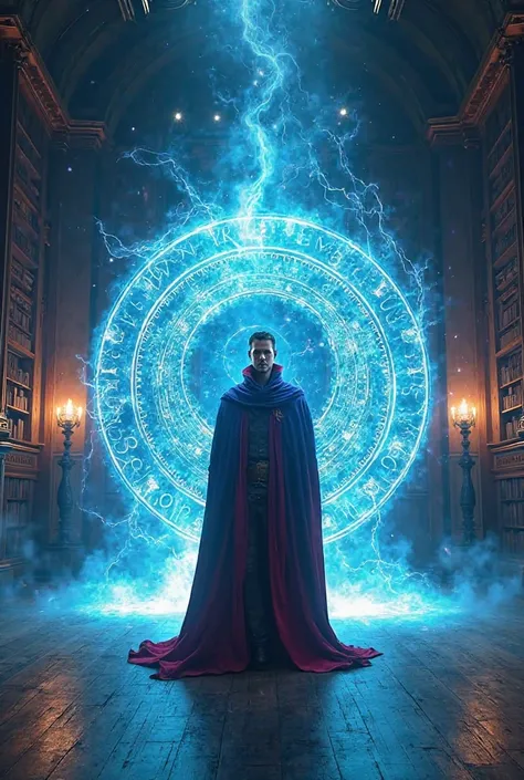 "A powerful sorcerer with a red cape and blue mystical robes, standing in a grand, dimly lit room with wooden floors and elegant walls lined with bookshelves. The sorcerer is surrounded by a glowing, blue magical portal filled with swirling energy, intrica...