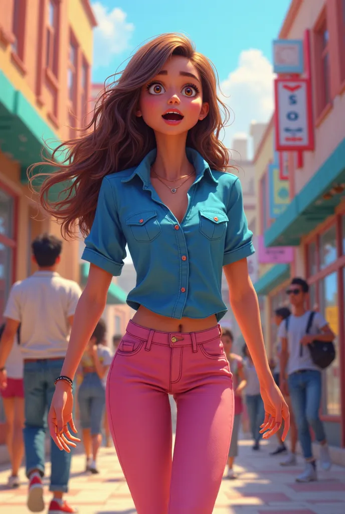 Adult animated super girl Jo mall me khari Hoti h big eyes and long hair with blue shirt pink jeans shock hojati h