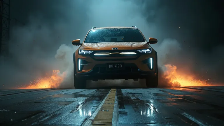 A cinematic shot of the Kia EV6 GT variant launching from a standstill, with dramatic lighting emphasizing its sporty stance. The motion blur adds a sense of speed and excitement.
