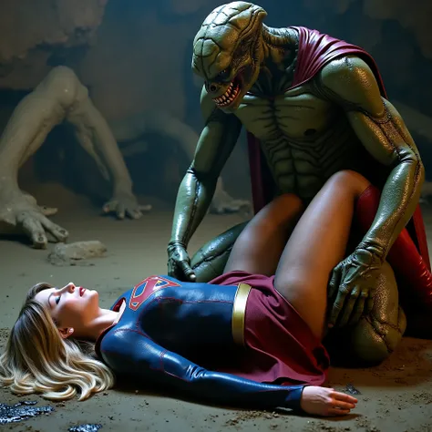 Supergirl is raped by an alien monster, very bright white skin, her legs are spread out wide, can see whole body, She is wearing a thin black pantyhose, short red skirt, red knee height long boots, blonde hair, She is unconscious, eyes close, seriously inj...