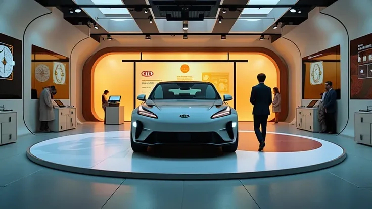 A Kia EV6 parked in a well-lit, ultra-modern showroom, surrounded by touchscreens and VR setups allowing customers to explore different customization options.
