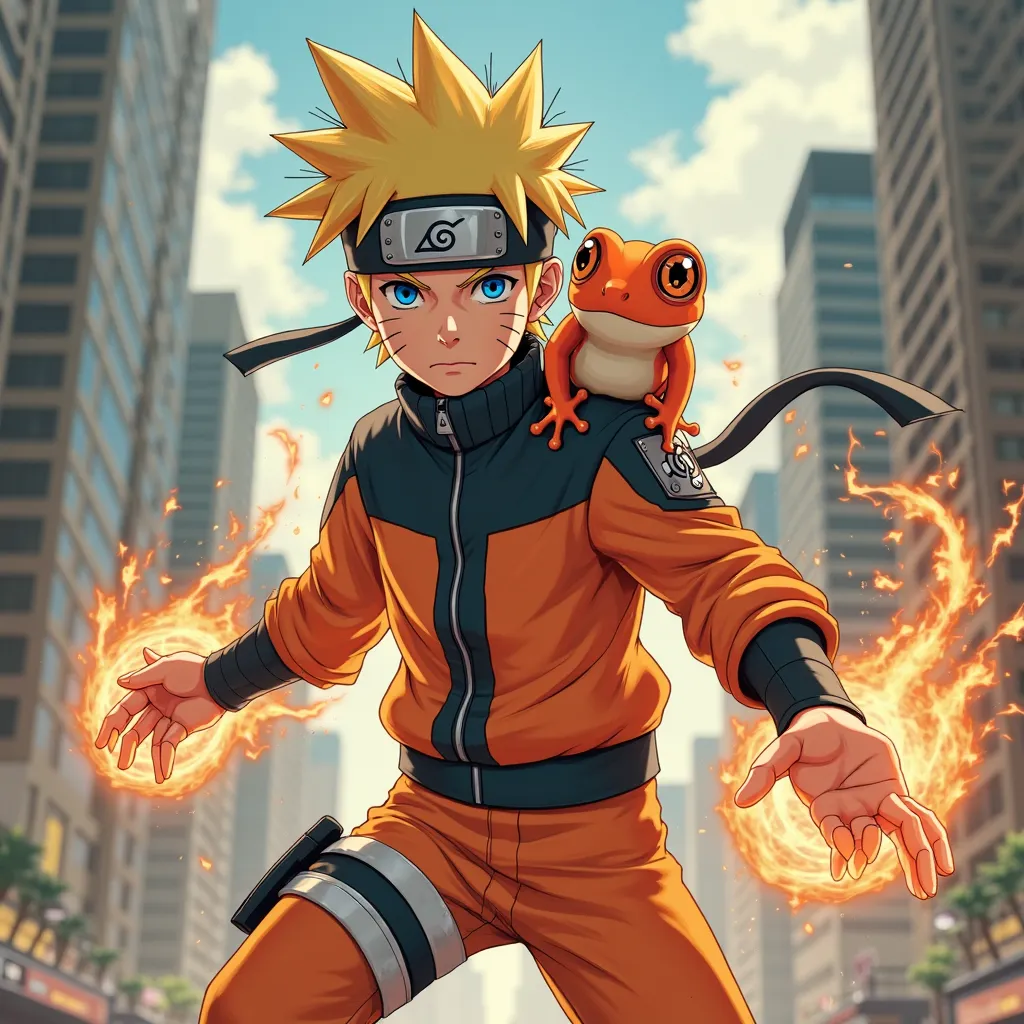 Naruto little realistic live action, use skill windy at hand ,have frog color orange be gardian superhero