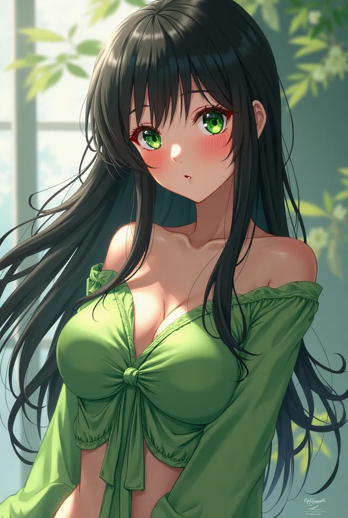 Create an anime girl with black hair and a green blouse With green eyes with rosy pink cheeks and big breasts