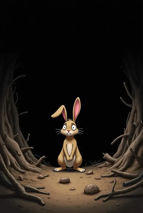 The rabbit returns to its burrow, but it is destroyed. The entrance is caved in, and there are broken twigs and dirt scattered everywhere. The rabbit stands frozen in shock, eyes wide with sadness. The background is dark, showing the remains of its once-sa...