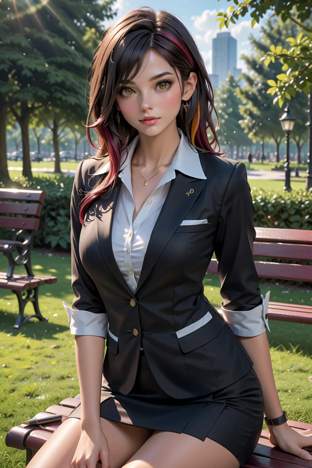 pretty young secretary, sitting posed, while making up at outdoor, public park background, BREAK, (long hair, half updo, black hair, reddish-brown streaked and hilighted hair, multicolored hair), BREAK, ((black-brown 3/4 sleeves blazer), (white wide collar...