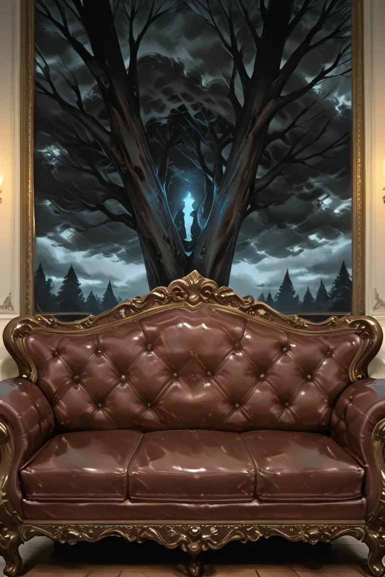 A burgundy lavish couch,with a painting behind it.A hyperRealistic artstyle.But make it more dark,nd a little bit gothic,make the painting not a person,but a scenery