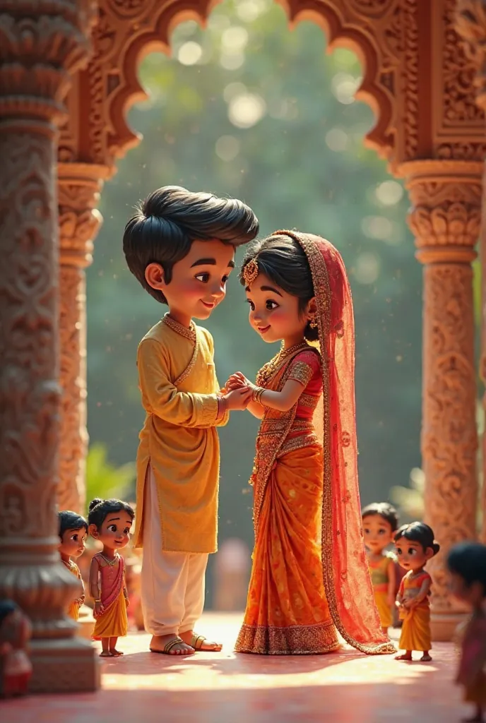 Traditional south indian beautiful bride handsome groom marriage tying manglsutra  setup with mini people  in miniature setup closeup cartoon face