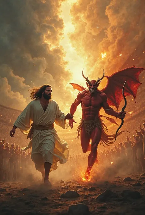 "A dramatic and intense scene in a massive stadium. Jesus, wearing a flowing white robe, is sprinting forward with a panicked expression, his mouth open and eyes wide in fear. His long hair flows behind him as he desperately tries to escape. Behind him, Sa...