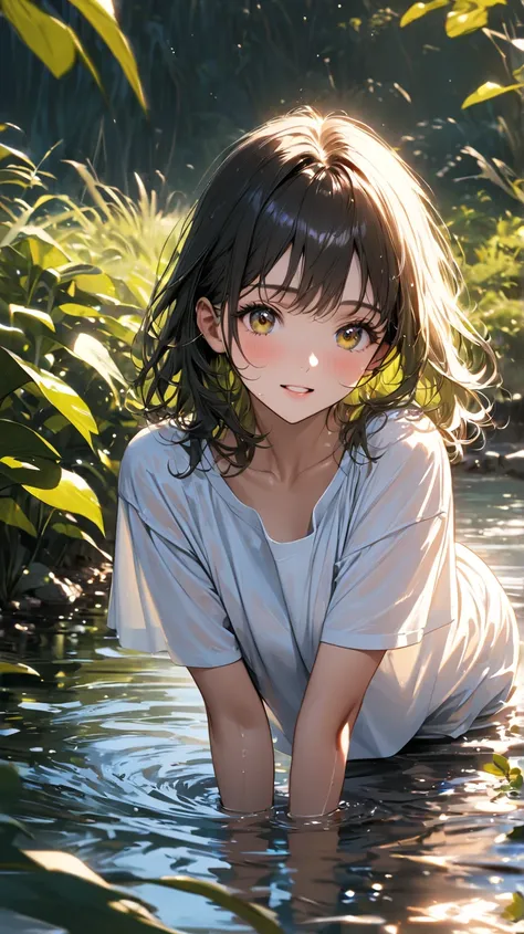  Hi-Res,masterpiece, is anatomically accurate, white t-shirt , Gold, Low, young, playing in the water,garden, facing viewers,crouch,