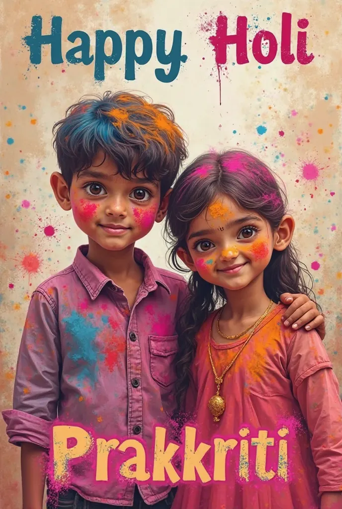 A photo Holi background with Happy Holi written on it and there is a boy and a girl who are colorful and in front of the background my name is written and "Prakriti" and the name is also in red black pink orange color