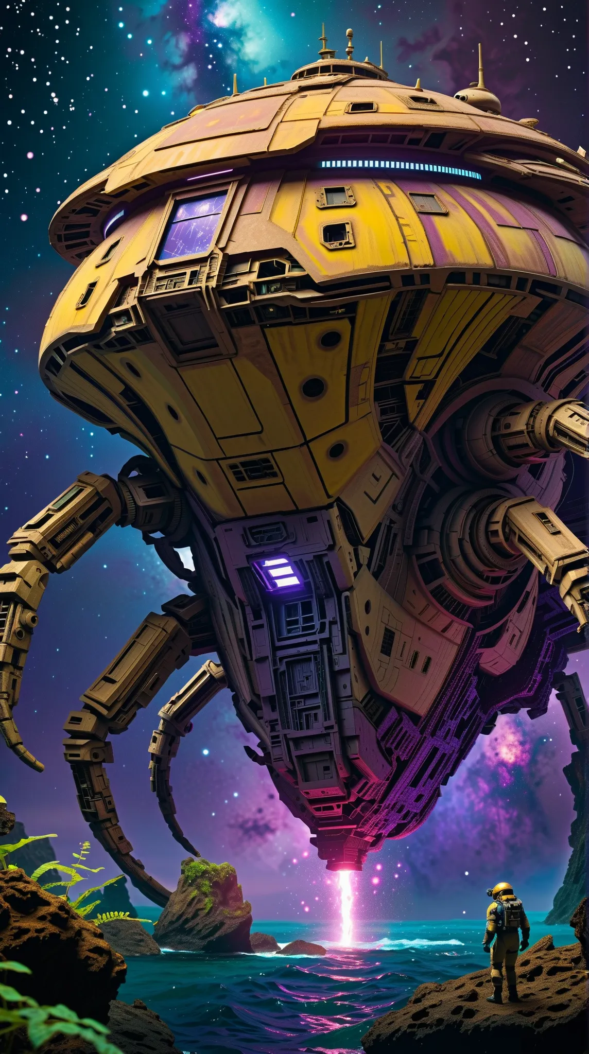 In deep space, a derelict alien warship drifts silently, its hull cracked and overgrown with luminous, coral-like fungi emitting a soft violet glow. Inside, through a massive breach, a scavenger in a patchwork exosuit with glowing yellow joints explores, h...