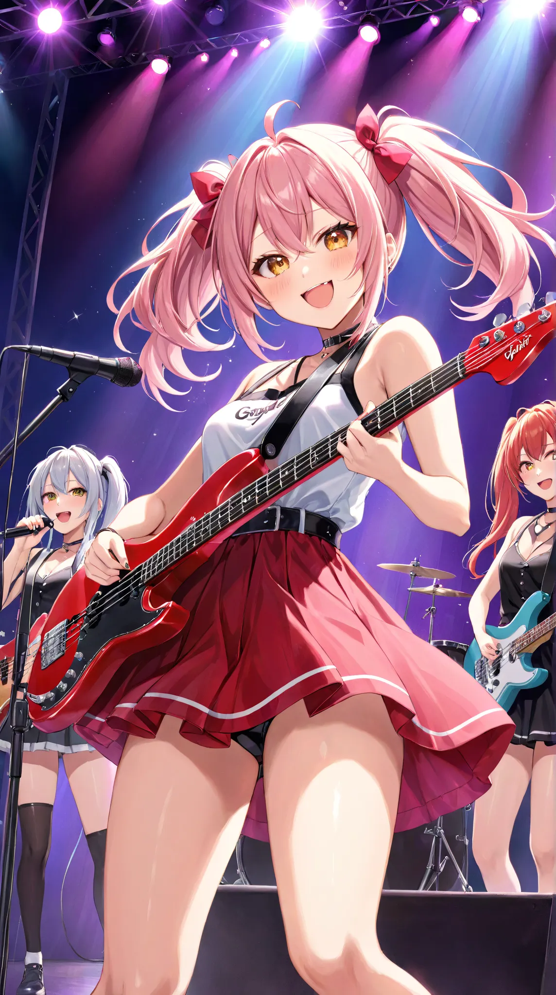 A four-member all-girl rock band performing on stage, each showcasing a distinct expression with a touch of cuteness ("azatoi"). The stage is lit with vibrant lights, enhancing their presence. 

1. **Vocalist:** A cute girl with long, wavy hair, holding a ...