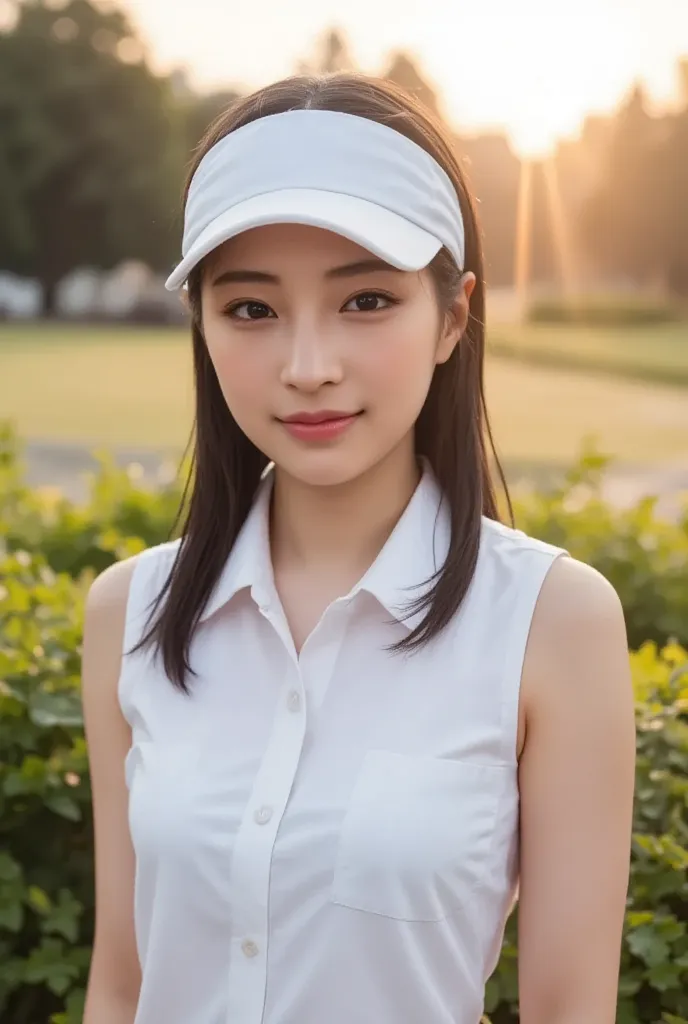 Jang Gyuri, A full-body shot one woman, dynamic angle, golf course, golf t-shirts , white golf mini skirts, light tracing, getting white sun visor, in the foreground, (floating hair:1.1), hot sun, white cap, professional model, (hyper-realistic:1.4), offic...