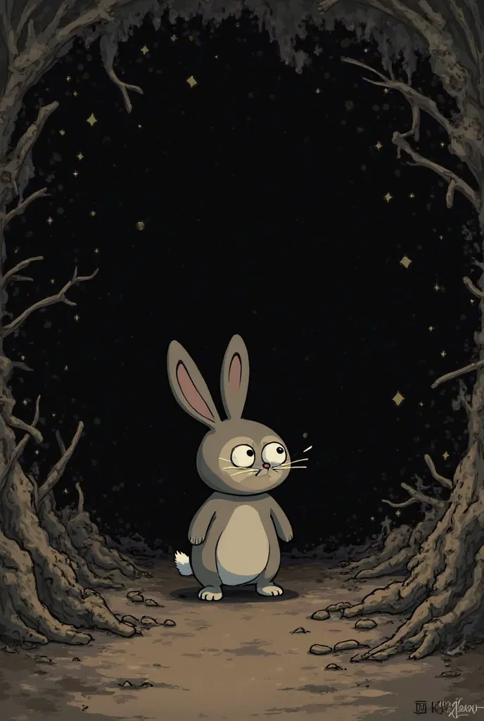 The rabbit returns to its burrow, but it is destroyed. The entrance is caved in, and there are broken twigs and dirt scattered everywhere. The rabbit stands frozen in shock, eyes wide with sadness. The background is dark, showing the remains of its once-sa...