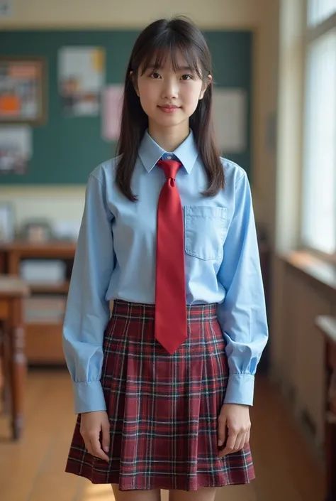 school uniform: Chan Váy Caro De Xam, light blue long sleeve shirt, red tie 