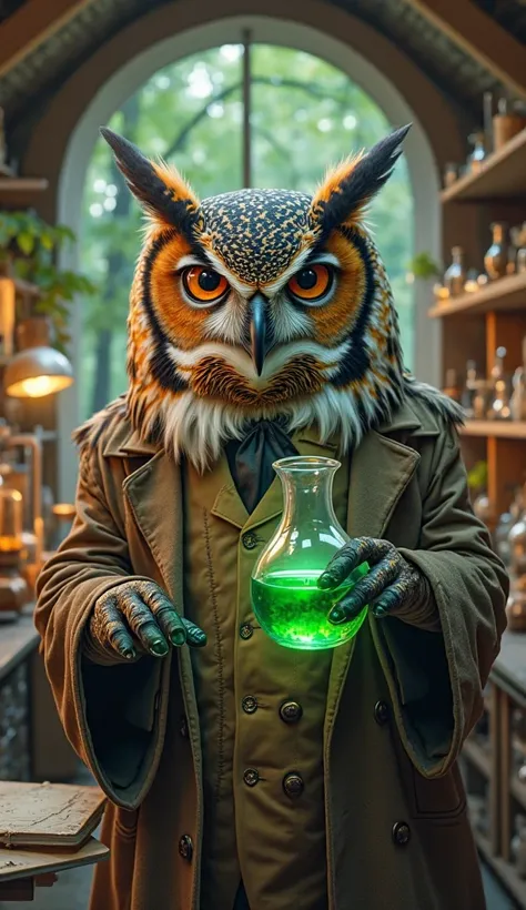 Create a realistic image of a MATURE OWL WITH MUSCULAR PROFESSOR'S CLOTHES holding and looking at a Laboratory bottle containiwng green liquid. Background Tree house laboratory.