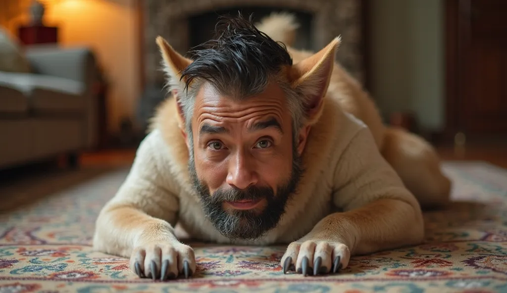 A 30-year-old Indonesian man is lying on a carpet. His body has transformed into that of a dog, while his head remains human. His expression shows surprise and confusion as he looks at his own paws. The setting is a cozy living room with warm lighting, a p...