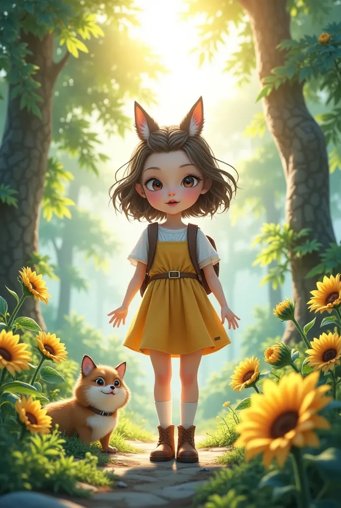 "A young girl with short brown hair and big, expressive eyes, standing in a sunlit forest surrounded by blooming sunflowers. She wears a yellow dress with a white blouse underneath, a brown backpack on her shoulders, and knee-high socks with small boots. S...