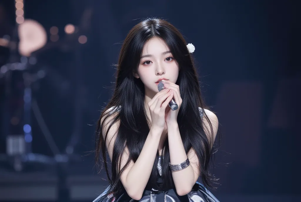 kpop girl, Korean, Lucious long black hair, would be considered ugly in Korea, okay skin tone, cute douyin look, monolids, feline like eyes, looks like yeji from itzy a bit, ,  adorable, realistic, unique visual, not really that pretty , she’s REALLY ugly,...