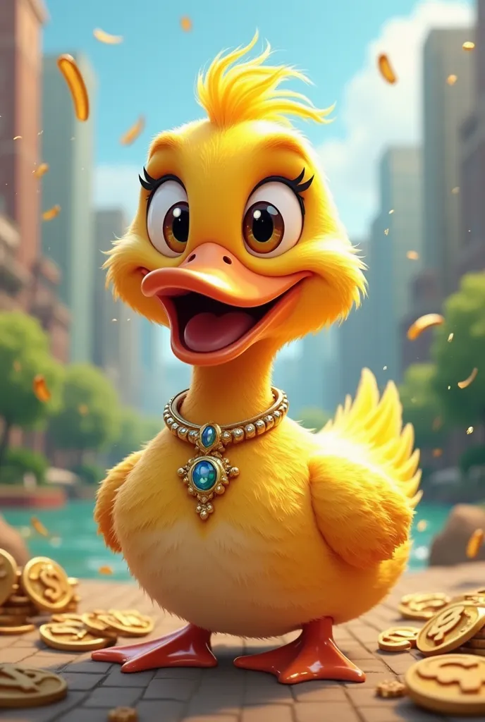 An animated duck with money