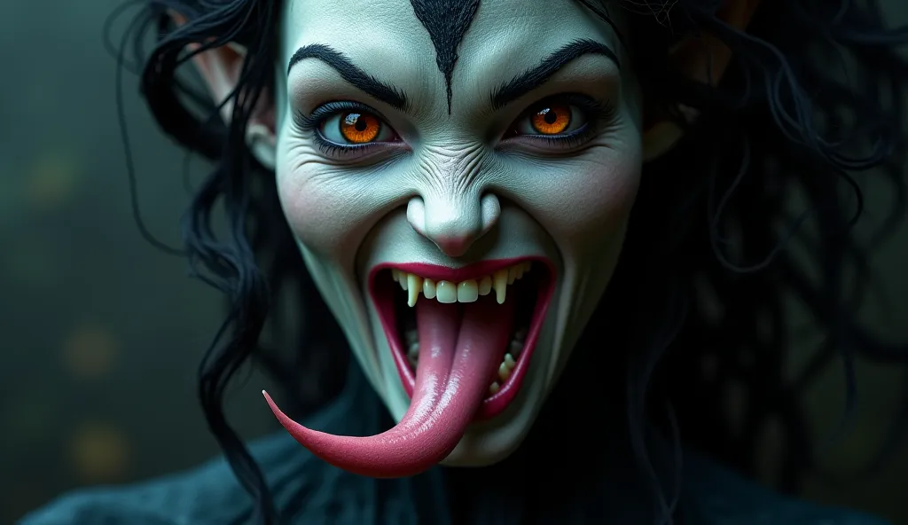 A beautiful humanoid demon opens her mouth wide she has pretty teeth and tongue 