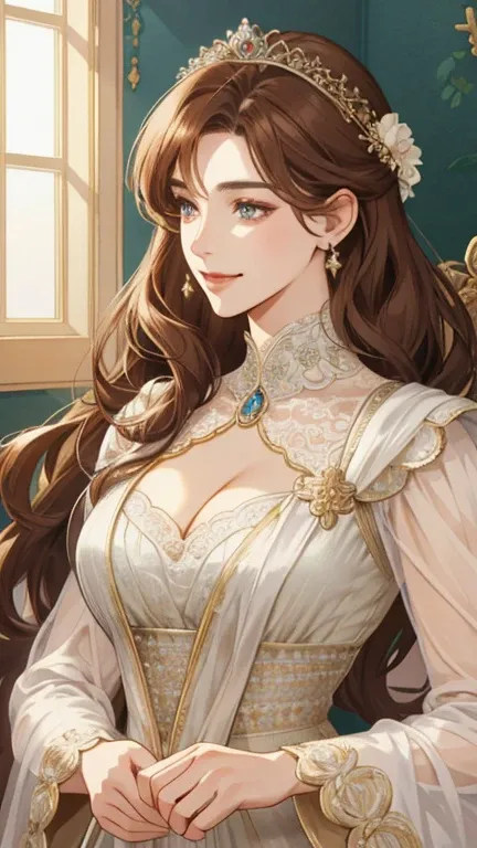 Shoujo style, (extremely delicate and handsome:1.2), 8k,(masterpiece:1.0),(better_quality:1.0), 1 , Mature Woman, complex details, enlarged textures, complex details,  finely detailed eyes and face , intricate details, ( cleavage), royal dress, ( mouth shu...