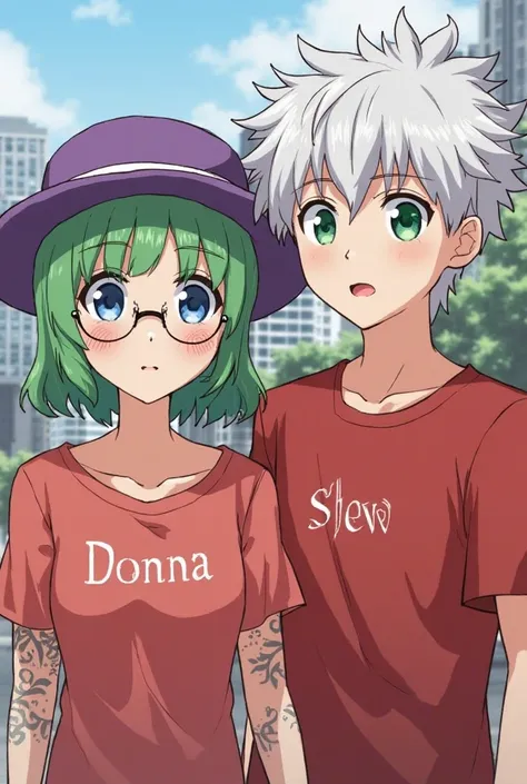 Couple characters, Male and female, Female green hair, purple hat,  blue eyes, red blouse with the name Donna tattoos ,  round glasses. Male wavy white hair, green eyes, red shirt with the name Slow, city background. 