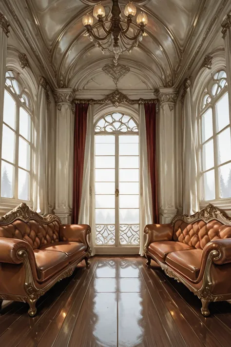 A burgundy styled lavish foyer,with dark burgundy high ceiling curtains,and floor to ceiling windows,with a fireplace and a dark burgundy couch in the middle.