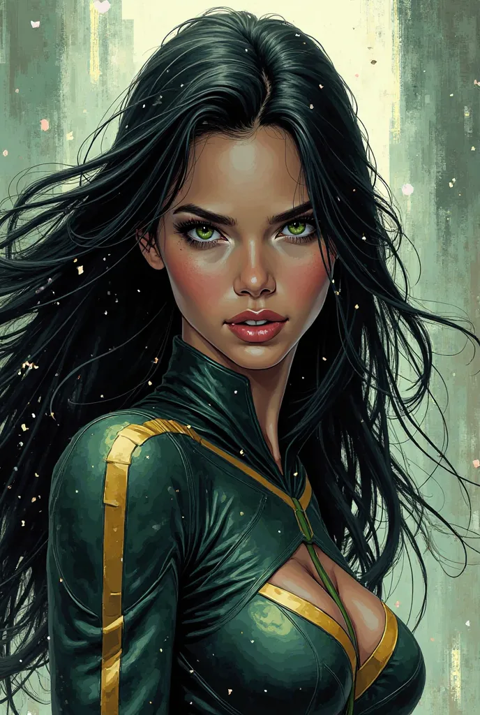 dc comics panel, white girl with long black hair, green eyes, 