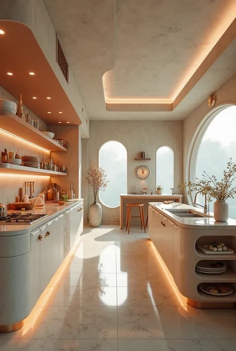 a futuristic Cybort-style kitchen with futuristic kitchen utensils with warm textures that generate peace and tranquility