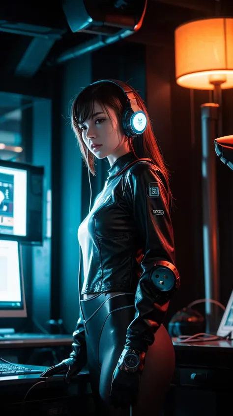  A woman with headphones is standing next to a robot, Cyberpunk Art by Jason A . Engle, CGSociety, retrofuturism,  ilya kuvshinov , Sci-fi,  future,  vibrant, photorealistic, realistic, dramatic, cinematic lighting, sharp concentration, 8k