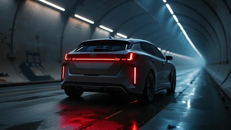 A cinematic look of Kia EV6 driving through a tunnel with dramatic lighting effects, featuring a modern and futuristic LED taillight design.  
