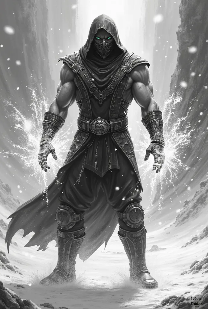 Mortal Kombat character sub-zero using his ice powers black and white