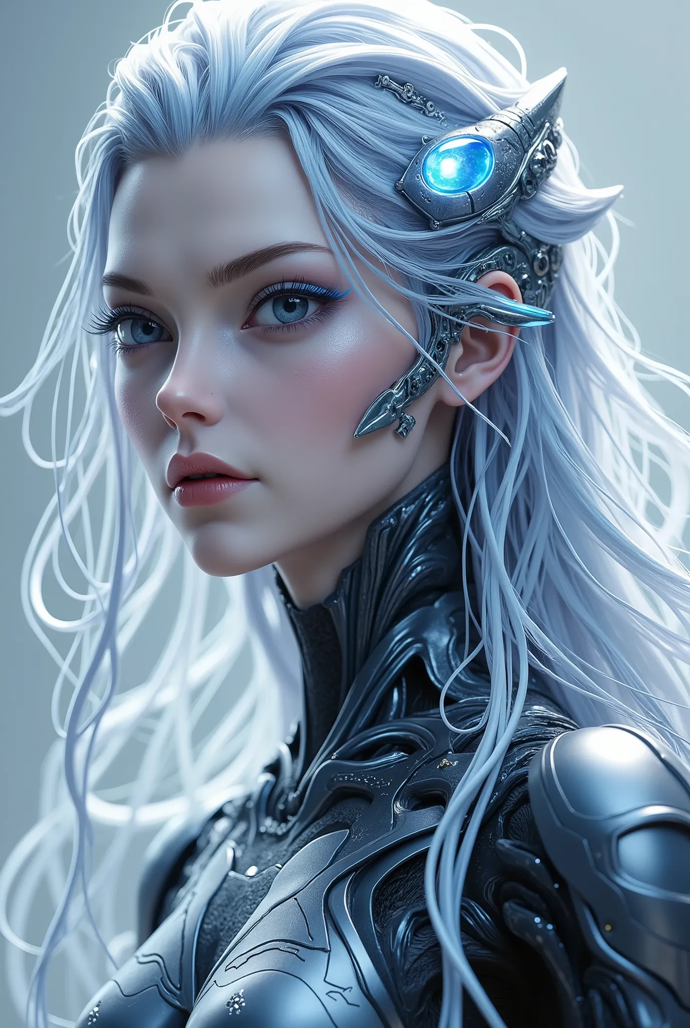 "A futuristic cybernetic woman with intricate biomechanical enhancements, blending human beauty with advanced robotics. Her silver-white hair is interwoven with glowing circuits and metallic components. Her face is delicately human with soft, realistic fea...