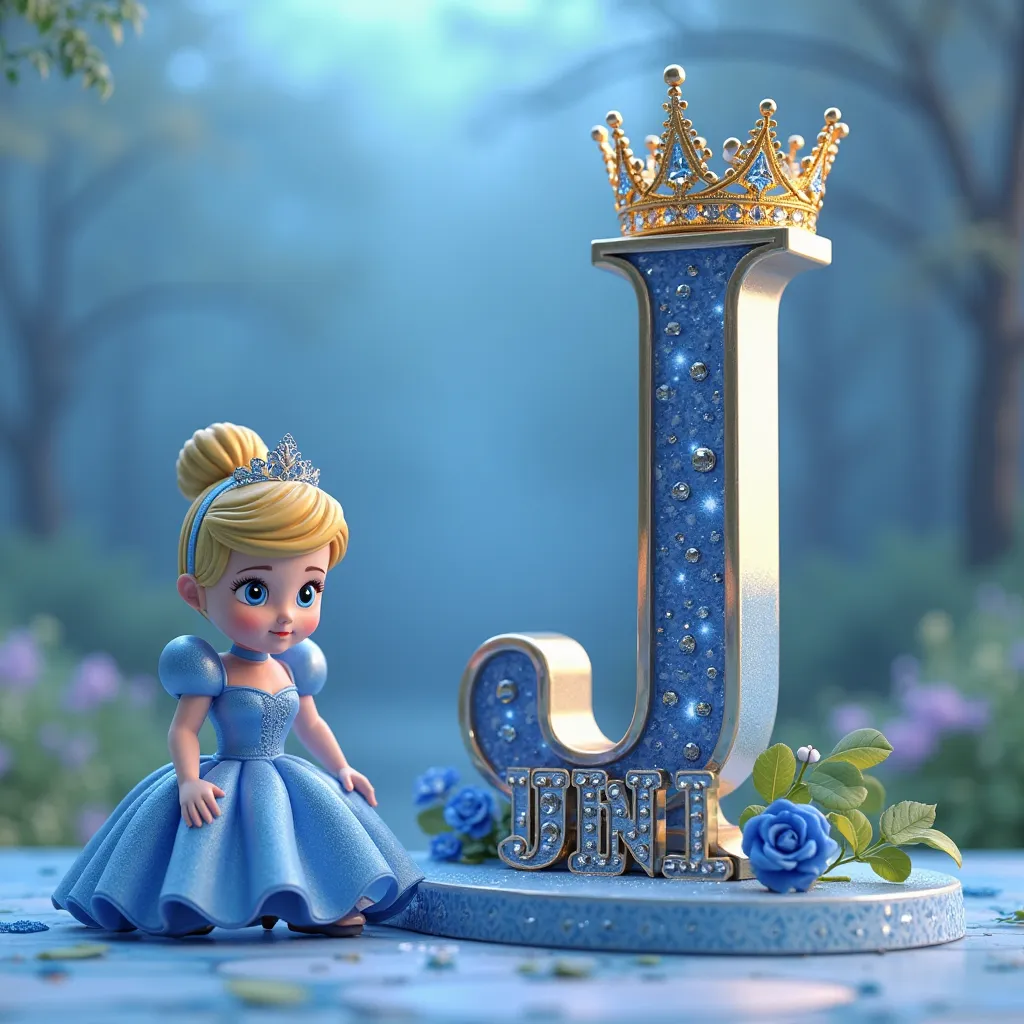 3D rendering of a realistic miniature Disney Cinderella wearing a beautiful blue crown sits next to a large shiny blue gold letter "J". The letter "J" is decorated with small sparkling gemstones and stands on a circular base with the luxurious 3D name "JUN...