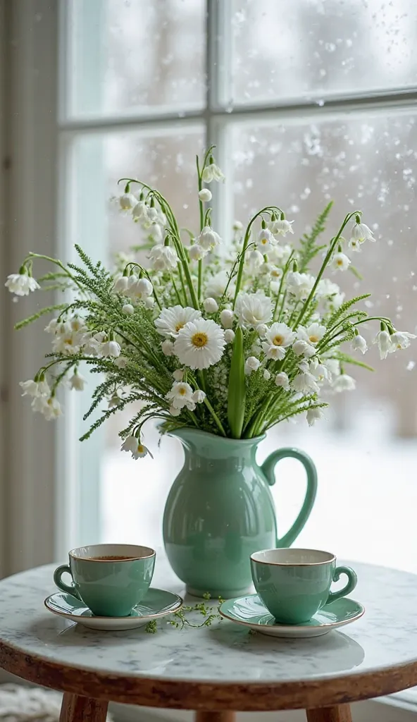 on a round, table ,porcelain vase, on the table stands a bouquet of white zonkilis , hiacentow, lily of the valley, snowdrops in different shades, with added fern sprigs, obok na table, two cups of coffee stand, cups of green color in winter landscape back...