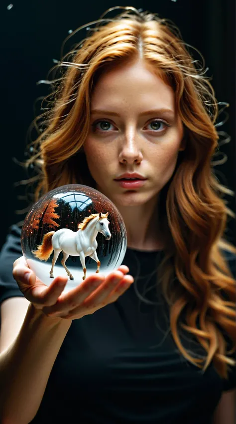 high definition double exposure  portrait,  poster  3d microworld inside hands, big eyes magic beautiful witch girl giving me a microworld landscape , on the  macro    ginger haired girl placed on the dark room   surface background , front angle shot  prof...