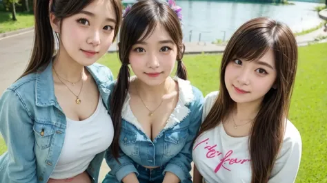 ( 3 girls),smile、  Look into the Camera  、  Diamond Necklace、Pigtail ,  Wear it with a denim skirt  ..( )、  smooth material  ,  slippery and elastic  ..、  revealing upper arms  、  socks with a blue green print, Knee Length  ,  extra long winged hair .、 The...