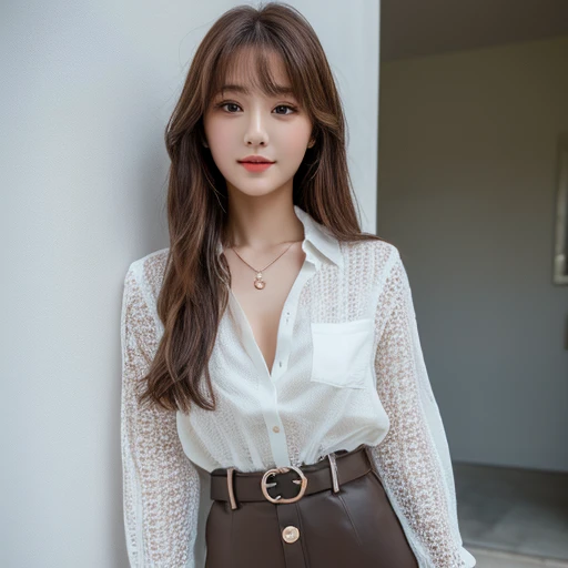 (Highest quality, Hi-Res, masterpiece :1.3), tall and beautiful woman,  slim abs, dark brown hair with gentle waves, chest,  pendant,  white button down shirt, belt, black skirt, (Modern architecture in the background), The texture of the face and skin is ...