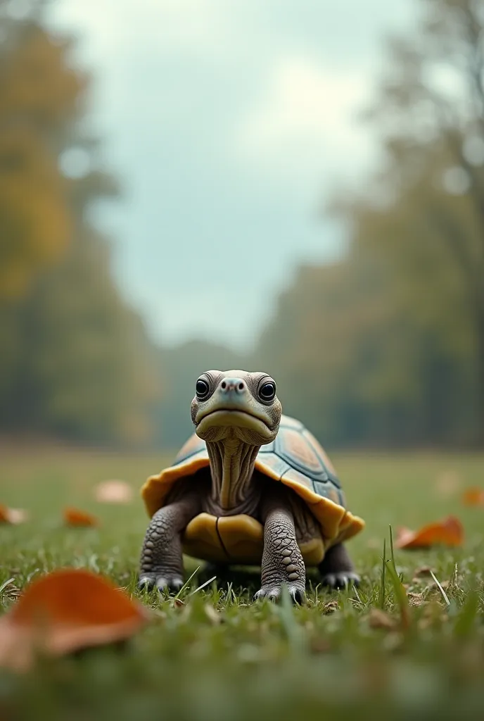 A small tortoise stands alone, looking lost in deep thought. Its eyes are slightly droopy, and its expression appears sad and distant. The surroundings are calm, with soft grass under its feet and a few fallen leaves scattered around. The sky is slightly c...