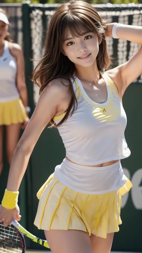 White Tennis Wear,( underwear:1.3),Tennis ball, White Coat,(Top Quality),((very well detailed)),4K,(8k),masterpiece, very detailed,Top Quality,super resolution, sexy, 1 girl ,smile, (Cowboy shot),( taken from below:1.4),(Composition with emphasis on thighs...