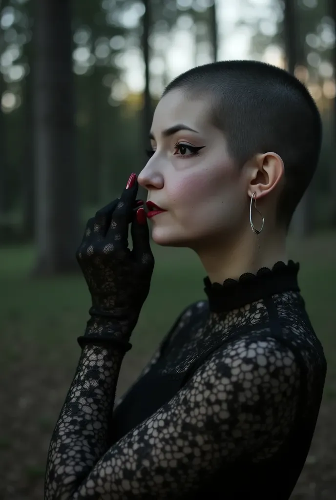 (((Bald Woman))),under pale moonlight insane detail, insane cinematic morbid of a goth, her lace gloves black with patterns, caressing her lips tracing along her face, beckoning to flow cascading her touch is soft delicate and elegantly sensual, (bald shav...