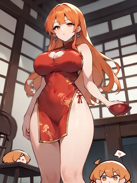  score_9,  score_8_up,  source_anime, Highest quality, We,  chibi:1.2，NAAmi,  orange hair, orange eyes, long hair, big breasts, standing, looking towards the viewer, China dress,  red clothes, indoors,  low angle, squats , touch it from the front , Chest p...