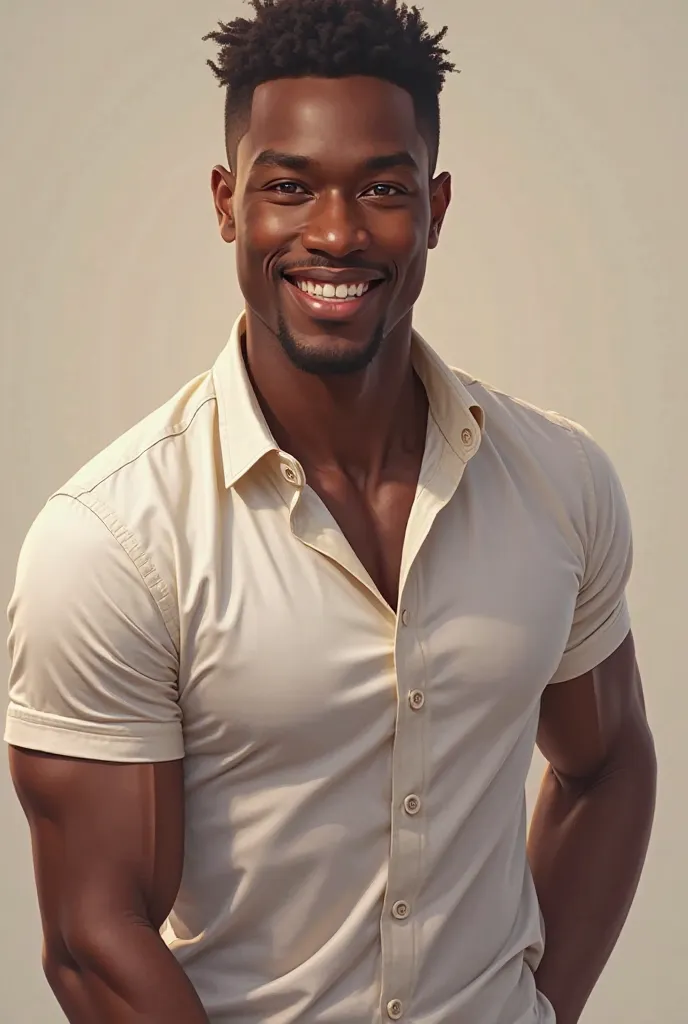 A black handsome muscular man wearing a shirt , smiling and looking good 