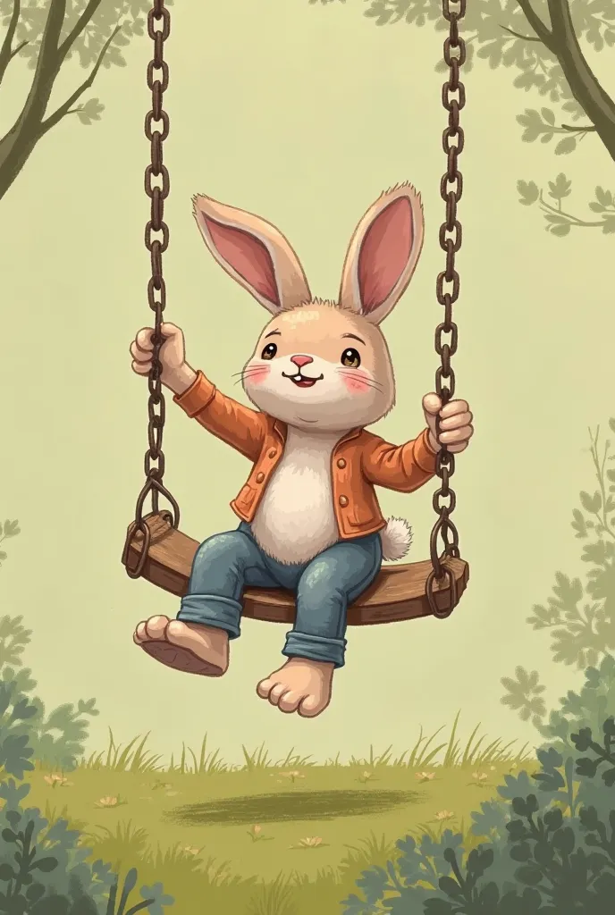 Create a story with different images of a rabbit that does not respect the rules and safety measures to play on the swings and because I got on the swings incorrectly he fell and got hurt very badly and cried, In addition, later another animal teaches him ...