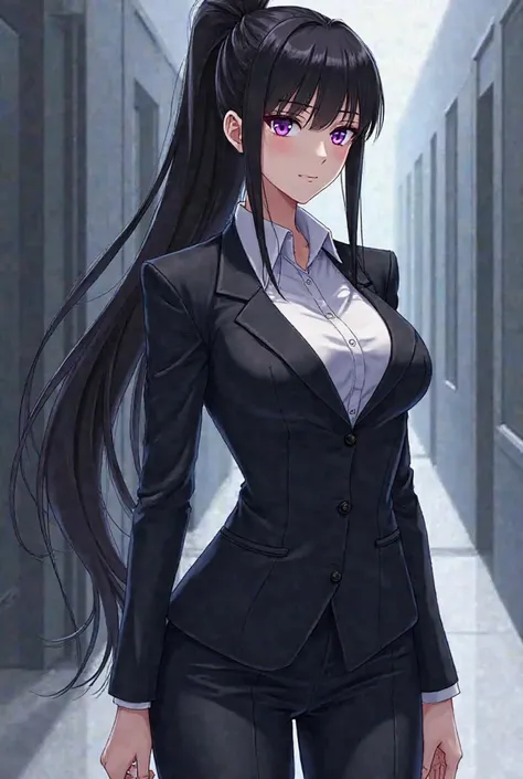 Generate an anime female character with purple eyes and a long black ponytail with business clothes with sharp eyes, slim and curvy, and tall