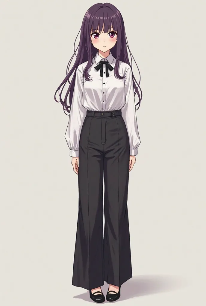 Generate an image of a manga style anime girl with big breasts, thin waist, medium thighs and long dark purple hair, she wears a loose white long sleeve shirt with a classic collar and a black ribbon tied around her neck. Combine the shirt with wide-leg bl...