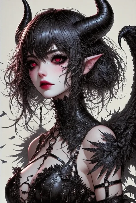 (( top quality )), ((傑 top quality 、masterpiece、High sensitivity、 high res、 detailed depiction 、 delicate face depiction ))Slender Woman、devil、 enamel bodysuit、 spread the wings of a black bat 、Torn Cloak、My lips are black 、Put a sheep horn on your head 、B...